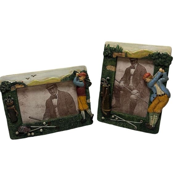 Vintage 3D Resin Golfer Tabletop Photo Frames Set of 2 - Picture 1 of 6